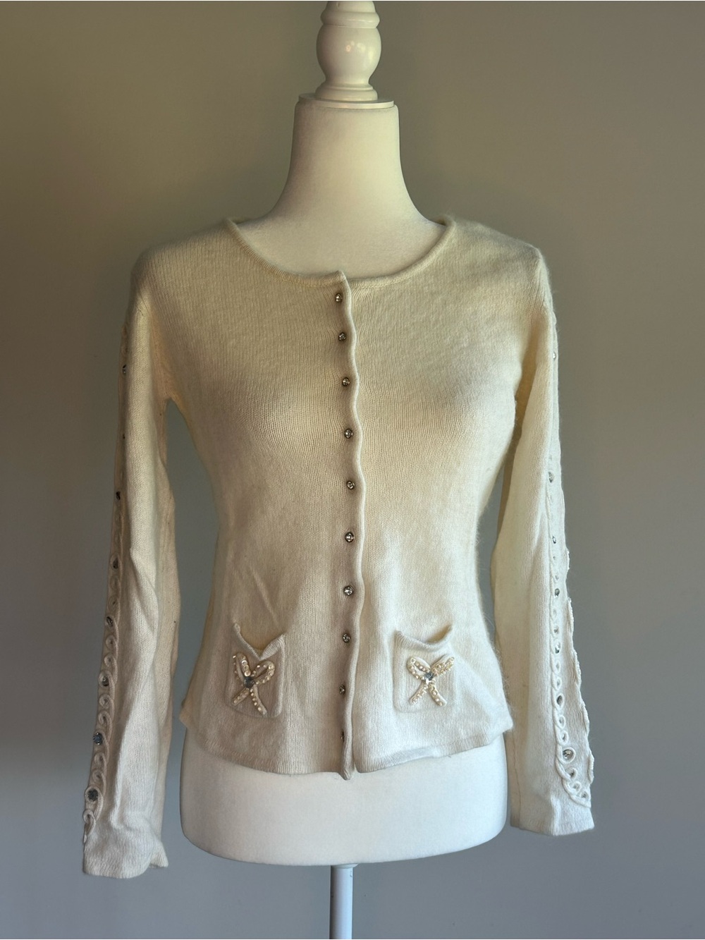 mac & jac Cream Button-Front Embellished Angora Cardigan